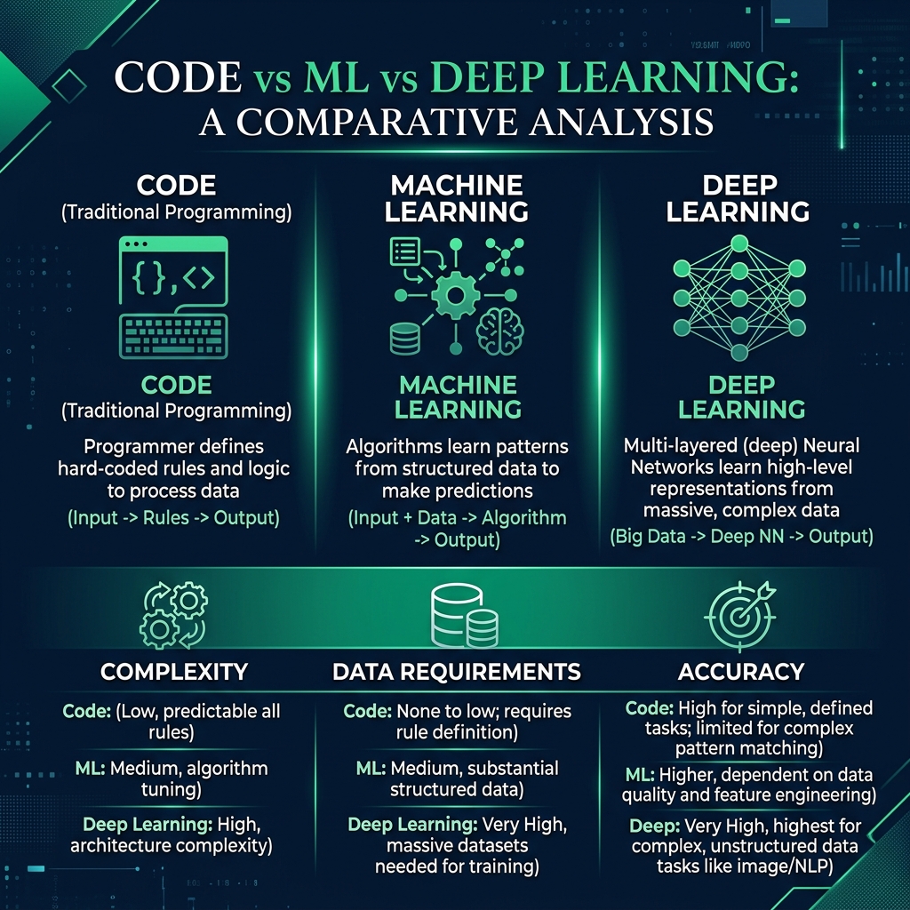 Sleek professional diagram: code vs ML vs Deep Learning, comparing complexity, data requirements, and accuracy