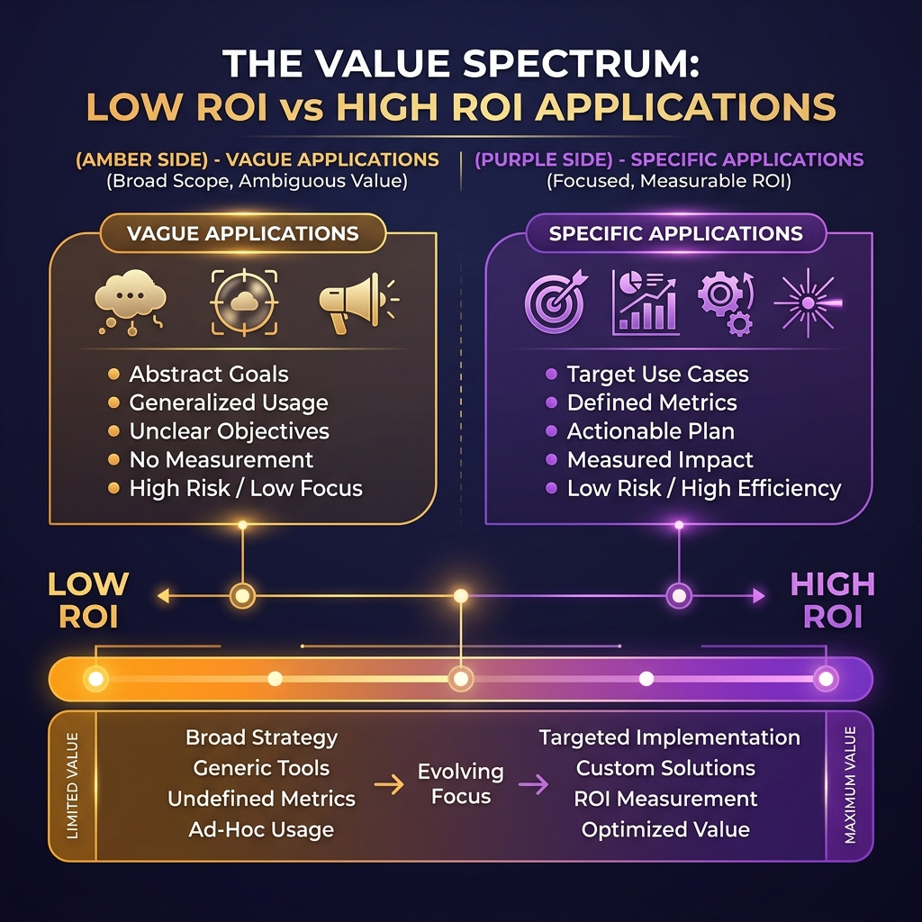 GenAI use case value spectrum from vague low-ROI to specific high-ROI applications