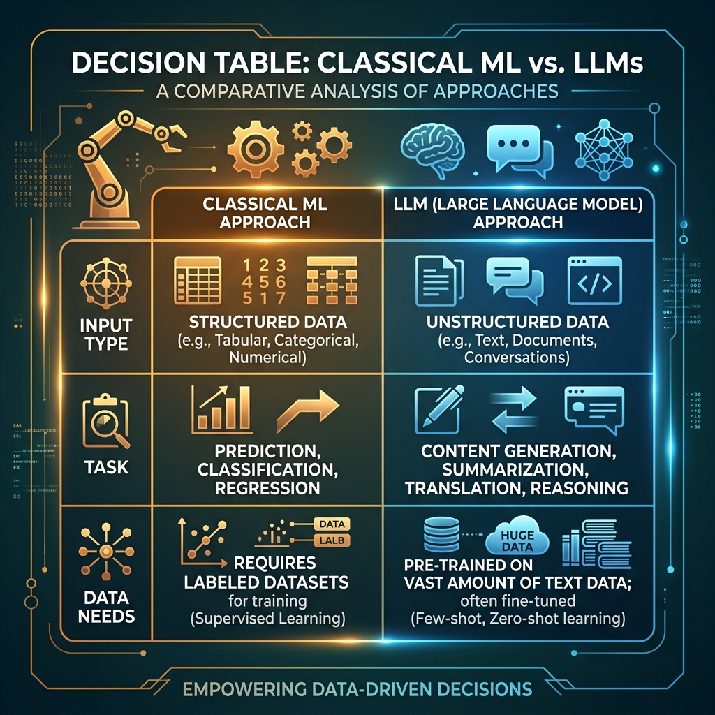 Decision table comparing classical ML vs LLM approaches by input type, task, and data needs